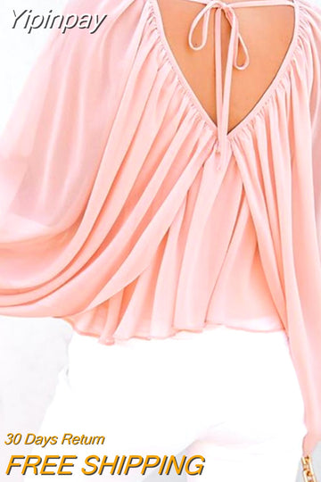 Yipinpay Detail Backless Ruched Batwing Sleeve Top Fashion Woman Blouses Shirt 2023 Clothing T-Shirts Pullover Tops